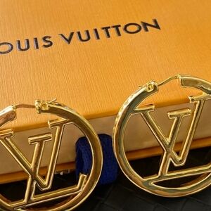 Louis Vuitton Gold Logo Pearl  Hoop Earrings NEW RARE